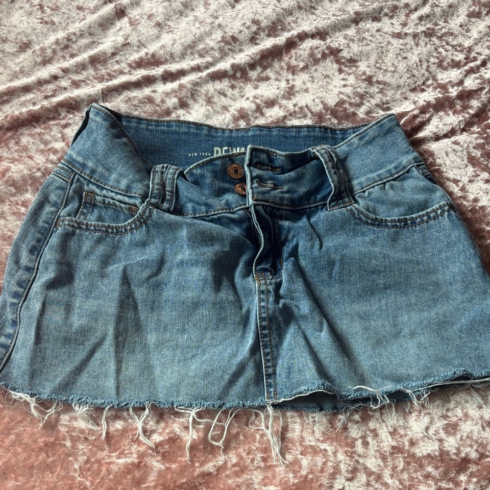 Denim Mini Skirt with Raw Hem - Blue